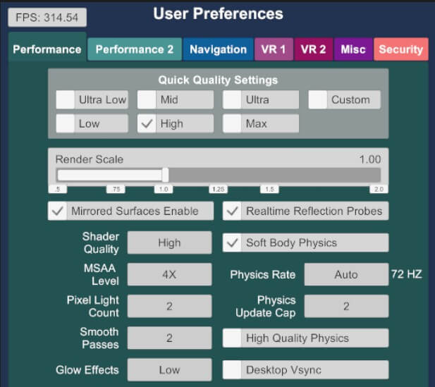 Virt-a-mate user preferences screen