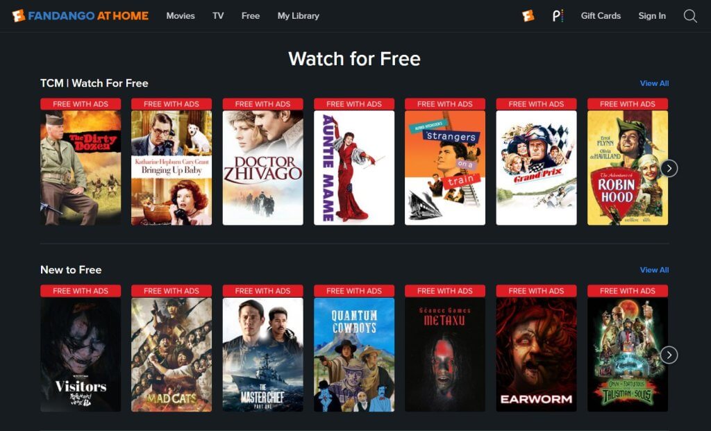 Fandango offers a selection of free movies and TV shows supported by ads. 