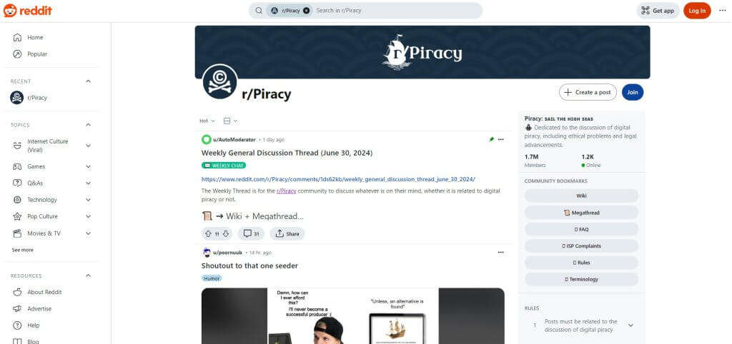 r/Piracy is a subreddit on Reddit focused on all aspects of digital piracy.